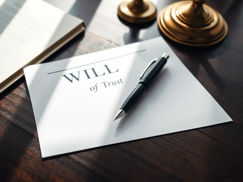 A last will and testament document with a pen resting on a desk, ready for signature.