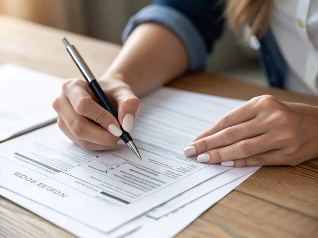 Legal Document Assistant reviewing and finalizing an estate planning package with organized documents on a desk.