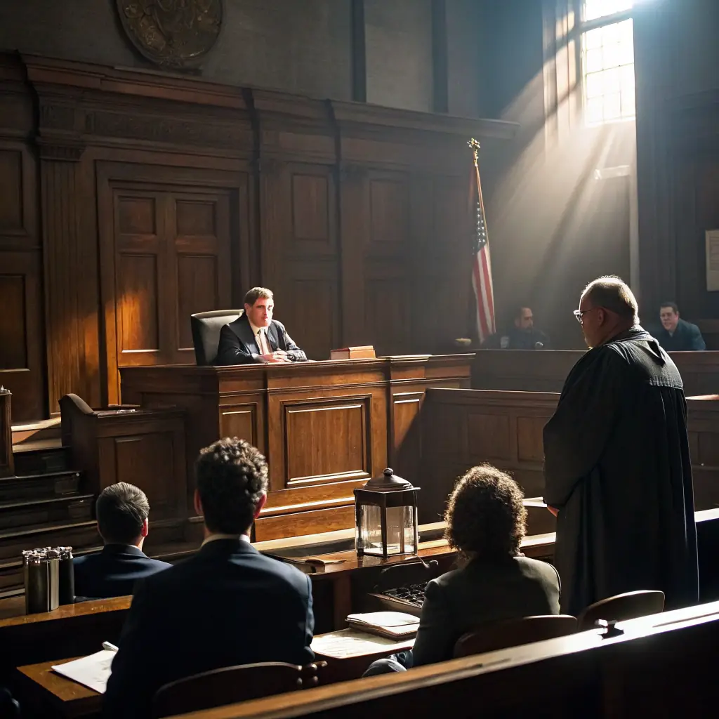 A judge listening to a Social Security Disability claimant during an appeal hearing in court, with an expert representative present.