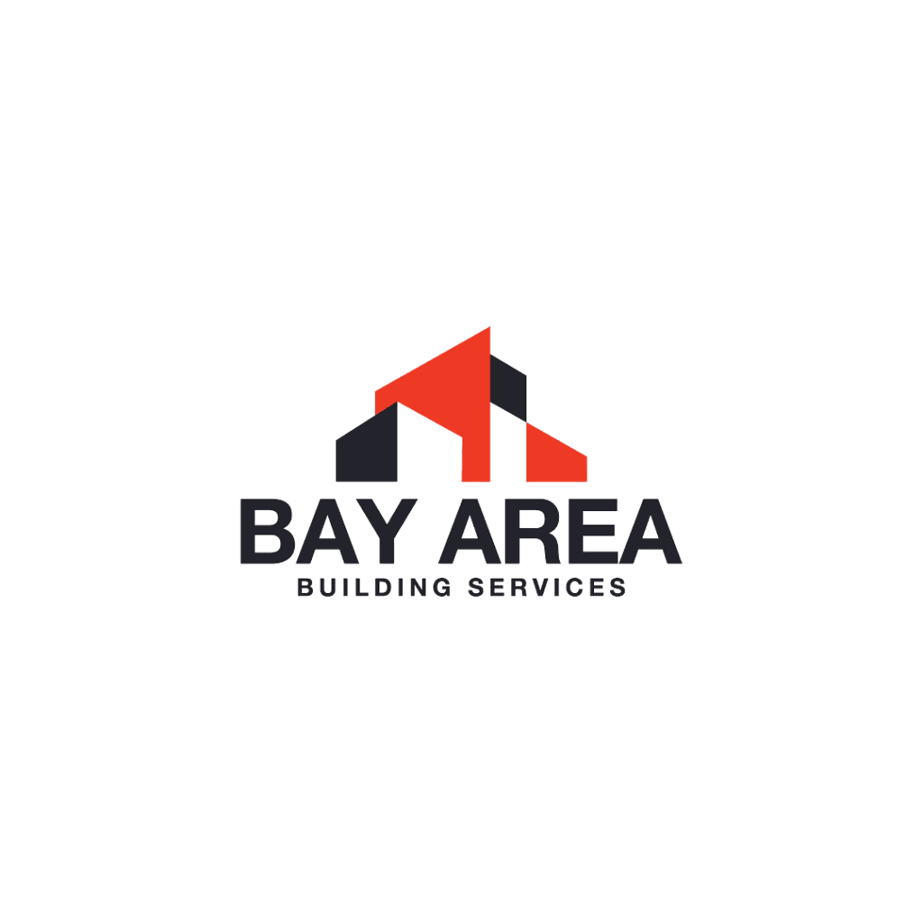Bay Area Building Services logo featuring a modern red and black geometric roof icon—representing licensed general contractors in the Bay Area.