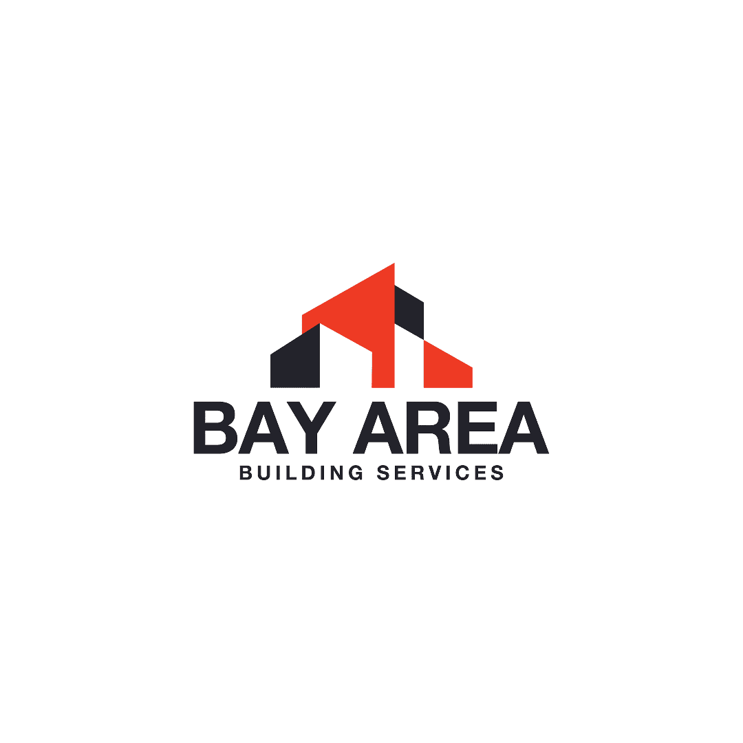 Bay Area Building Services logo featuring a modern red and black geometric roof icon—representing licensed general contractors in the Bay Area.