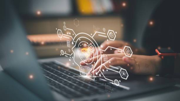 Hands typing on laptop with digital startup interface overlay – Start a Business in California, LLC, EIN & Legal Setup Made Easy.