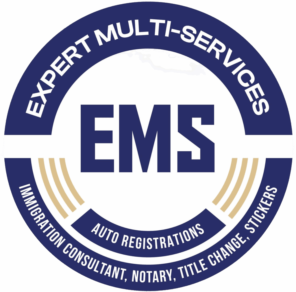 Expert Multi-Services (EMS) logo representing professional support in auto registrations, immigration consulting, notary, title change, and DMV stickers.