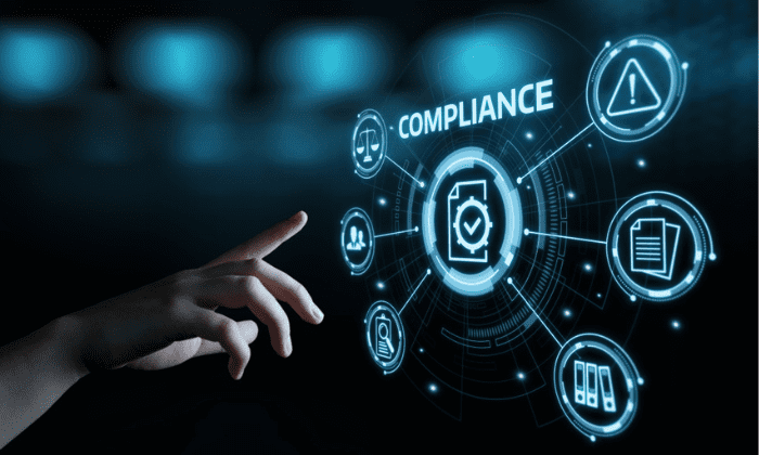 Hand interacting with digital compliance interface showing fingerprinting, legal icons, and regulatory document symbols.