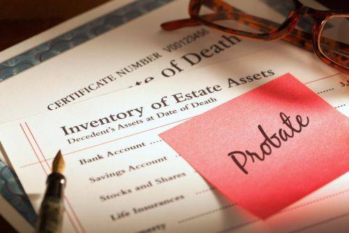 Probate legal documents and estate inventory form showing a certificate of death and assets list used in probate legal services.