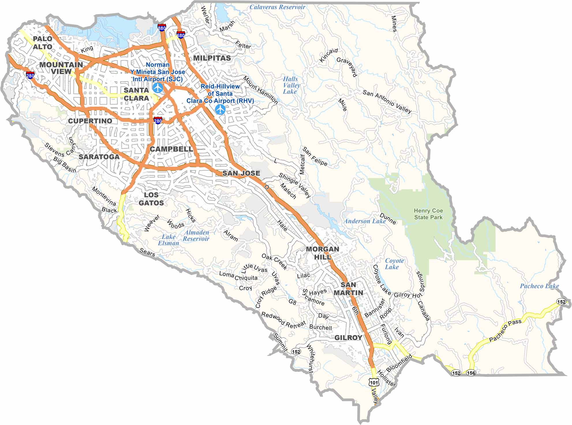 Detailed map of Santa Clara County showing major cities and service areas including San Jose, Palo Alto, Gilroy, and Milpitas