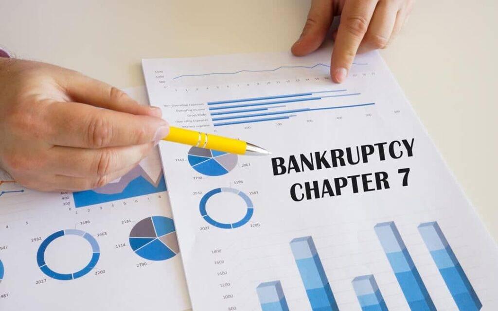 Hands reviewing Chapter 7 bankruptcy charts and financial documents for legal document preparation service.