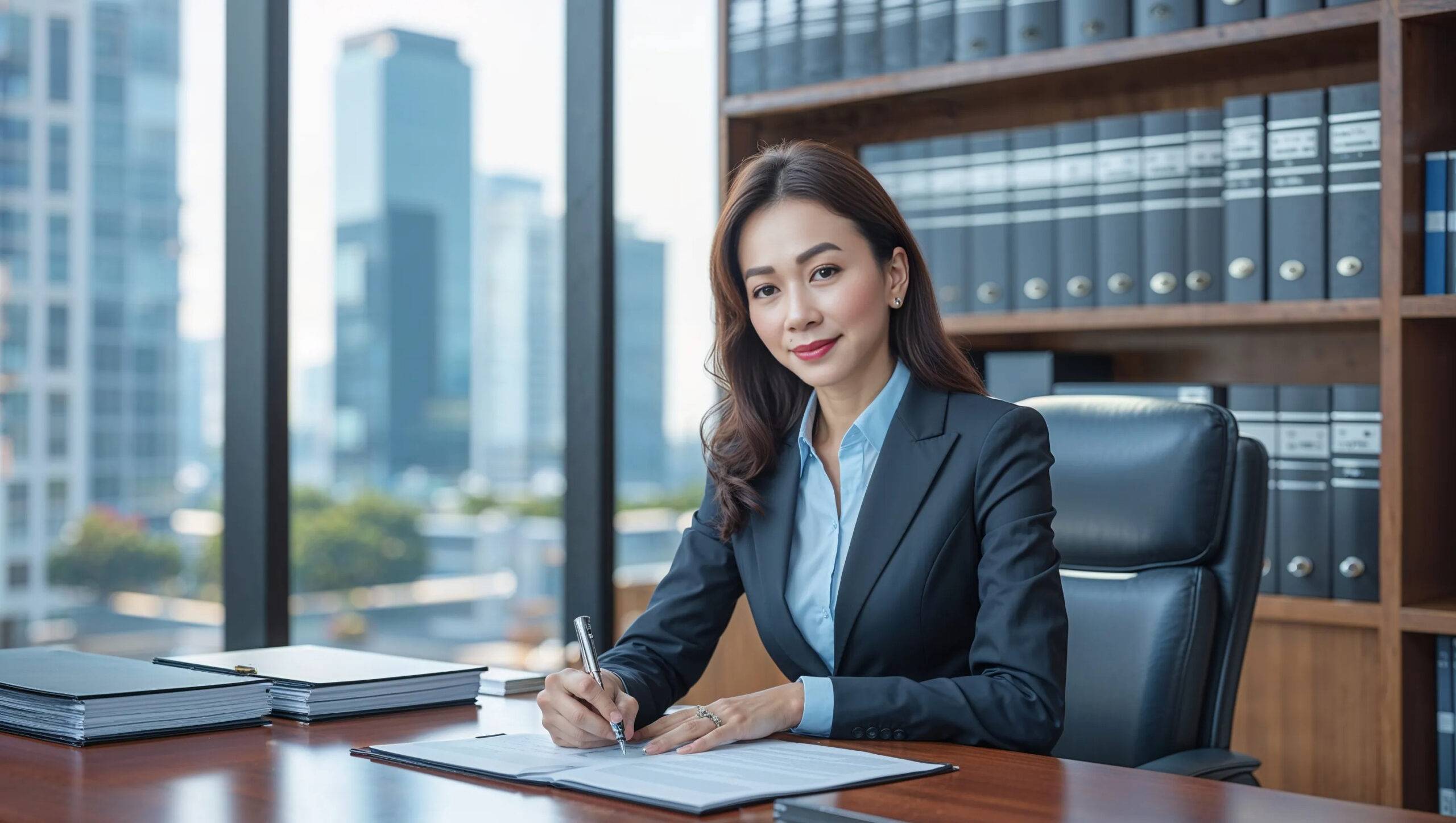 Legal document assistant reviewing and signing paperwork at a desk in a law office for TrustPoint Disability & Legal Services.