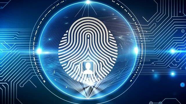Digital fingerprint scan with circuitry background symbolizing secure FBI background check and electronic fingerprinting services.