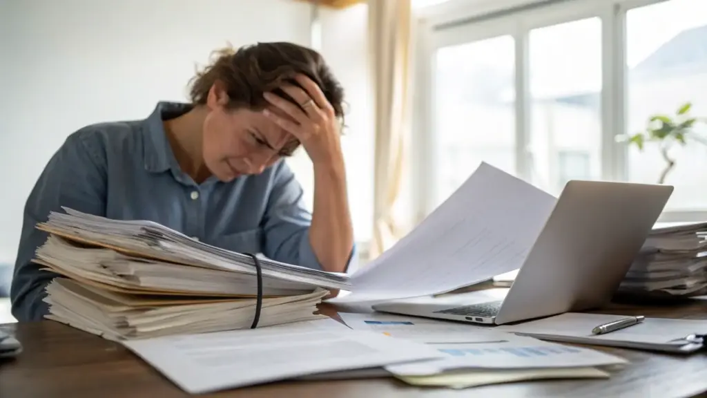 Frustrated man stressed after receiving eviction notice from landlord, holding his head with worry.