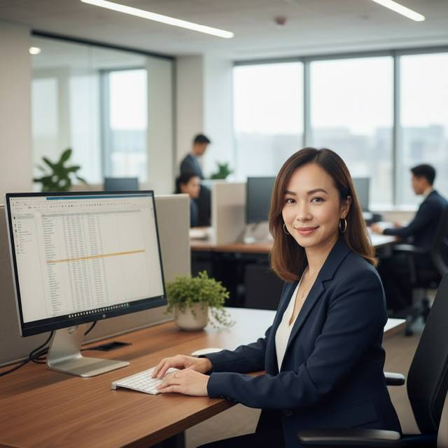 Woman working in modern office environment.