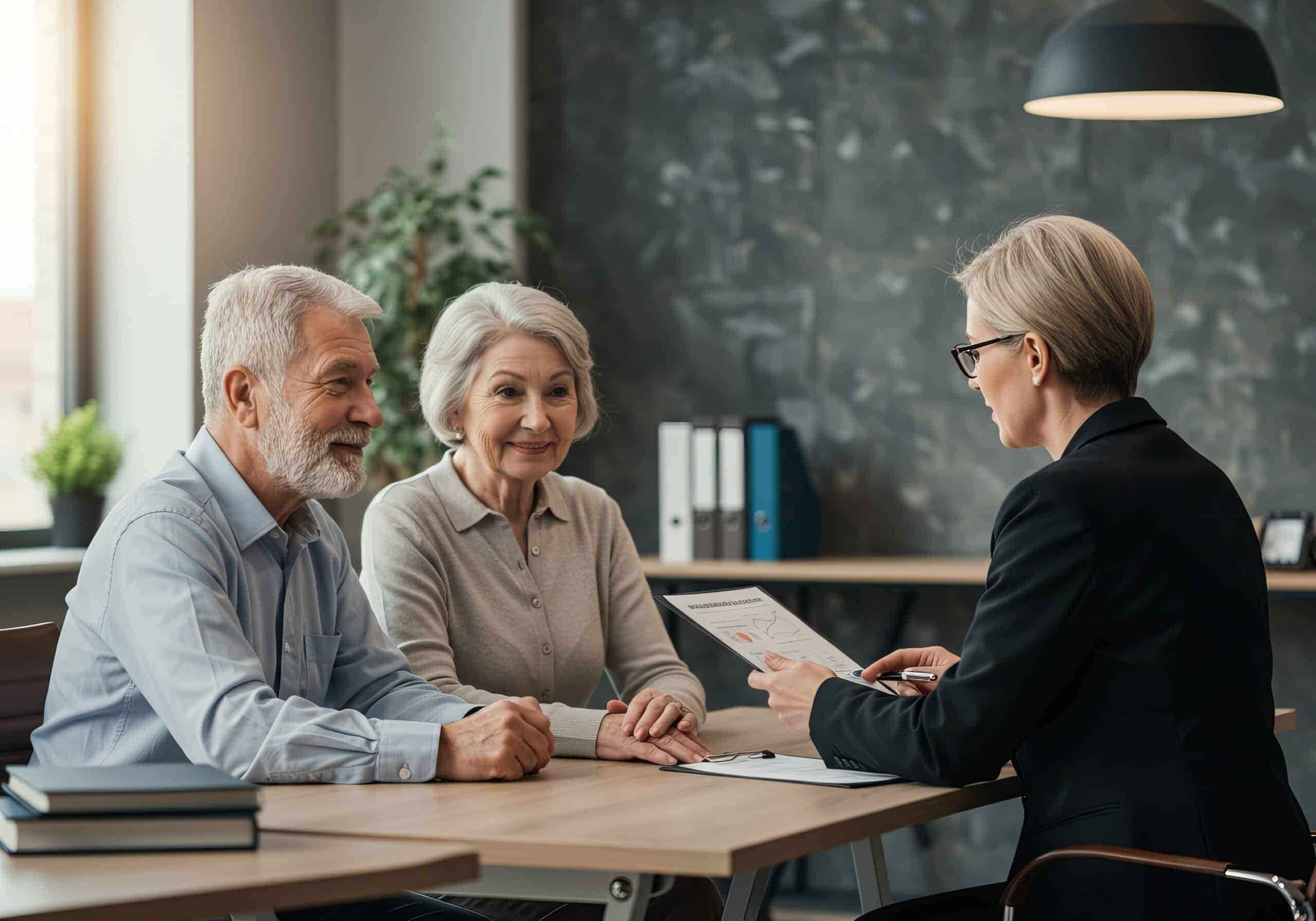 Legal document assistant reviewing living trust with couple