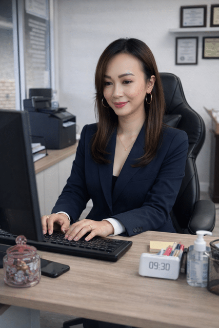 Quyen Quinnie Do, fundadora de TrustPoint Disability and Legal Services, preparando documentos legales en su oficina de San José.